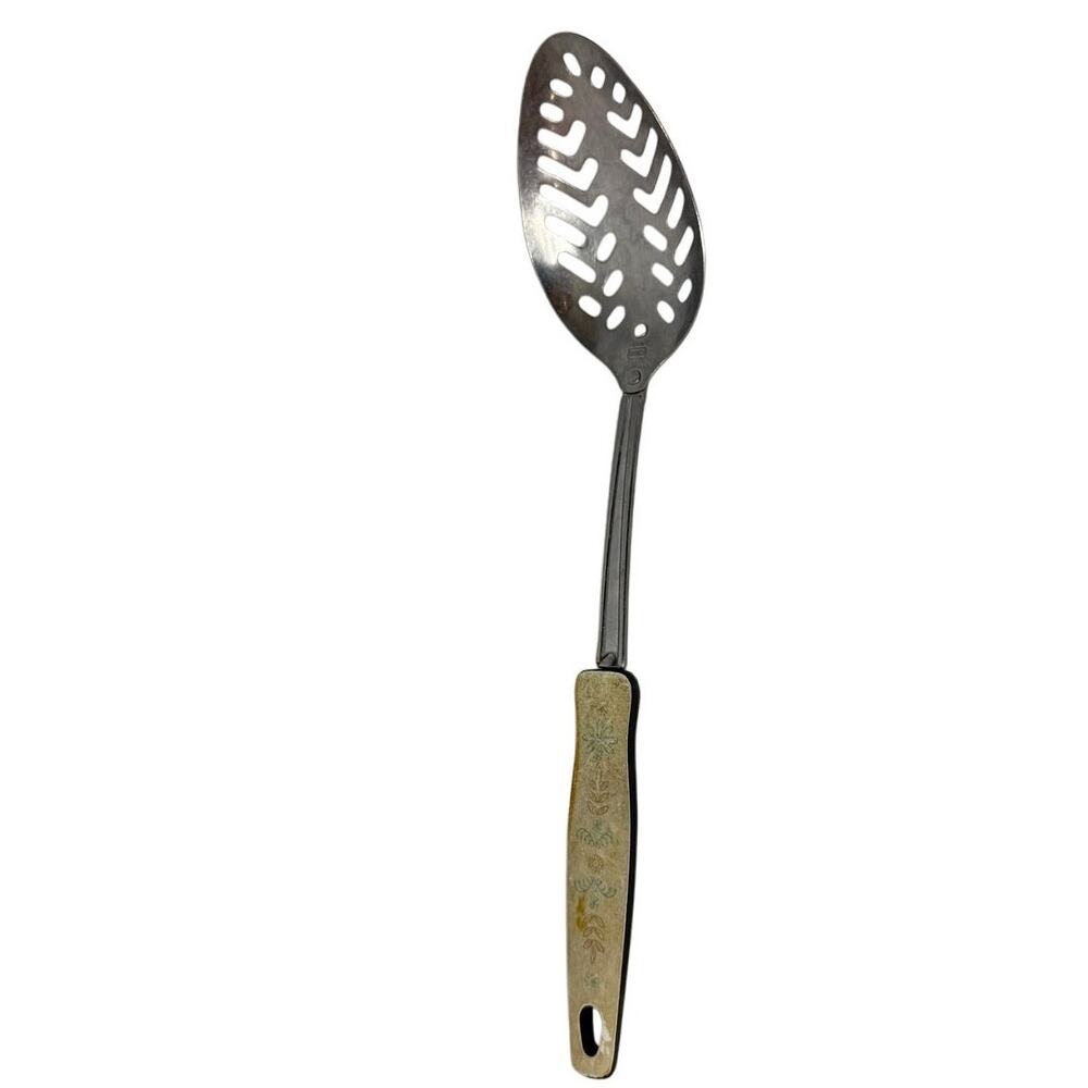 Vintage Ekco Forge Slotted Serving Spoon 12” White Floral Handle Stainless